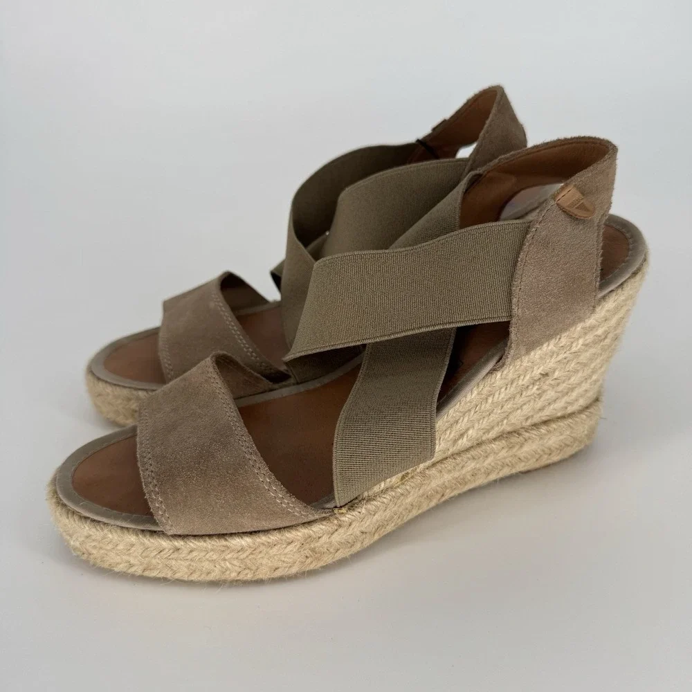 Verbenas Espadrille‎ Wedges Sandals Shoes Tan Suede Cross Strap Women's 7.5 - 38